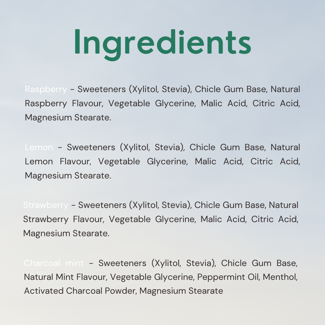 Gud Gum Chewing Gum - Mini Pack of 4 - Raspberry, Lemon, Charcoal Mint, Strawberry