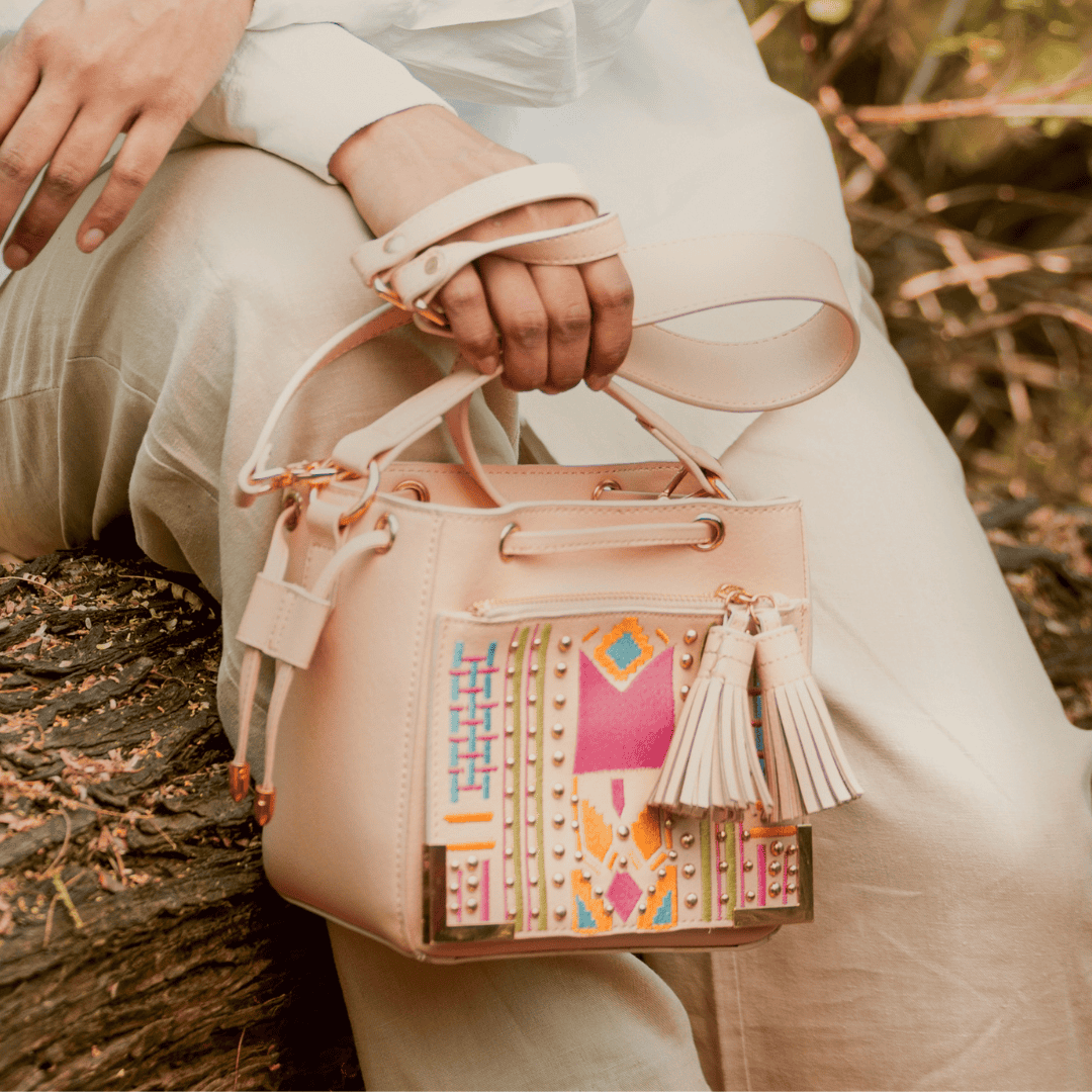 Green Hermitage Nora Vegan Leather Embroidered Sling Bag - Almond