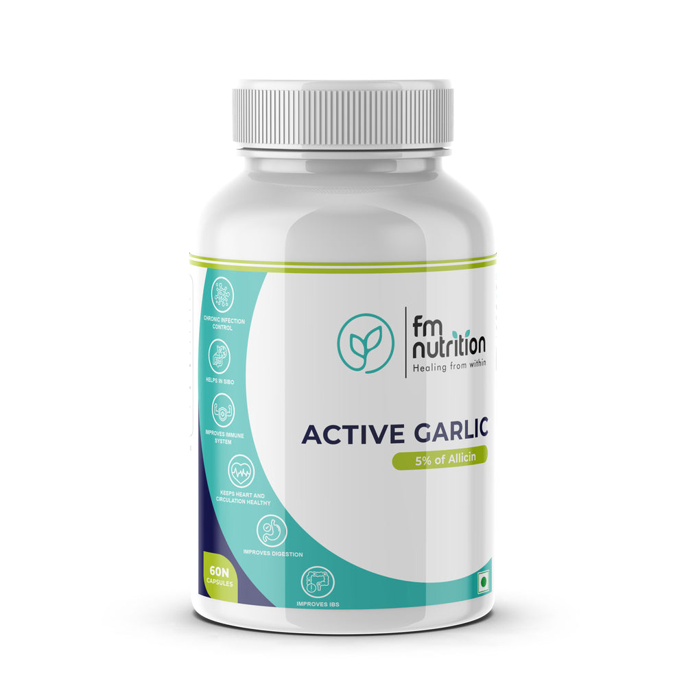 FM Nutrition Active Garlic I 5% Allicin I Heart Health I Fights Infections I Helps in SIBO & IBS I Aids in Digestion I 60 Veg Capsules