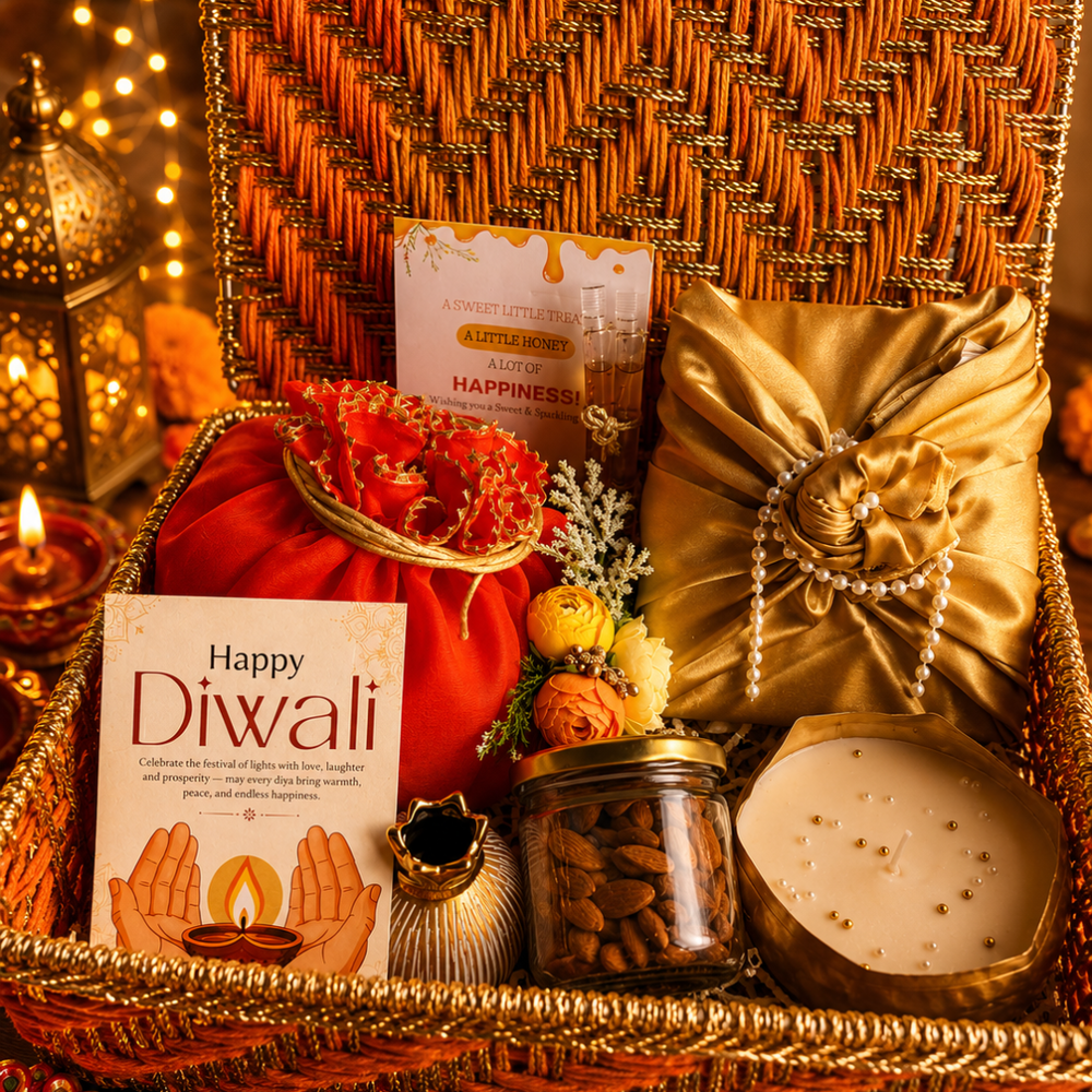 Rang Utsav Grand Orange Diwali Gift Basket | Shubh Labh, Almonds & Festive Décor
