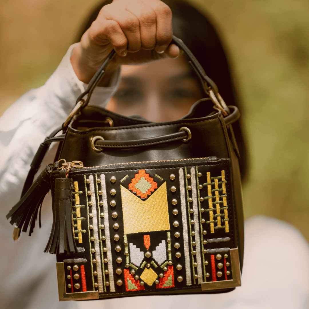 Green Hermitage Nora Vegan Leather Embroidered Sling Bag - Black