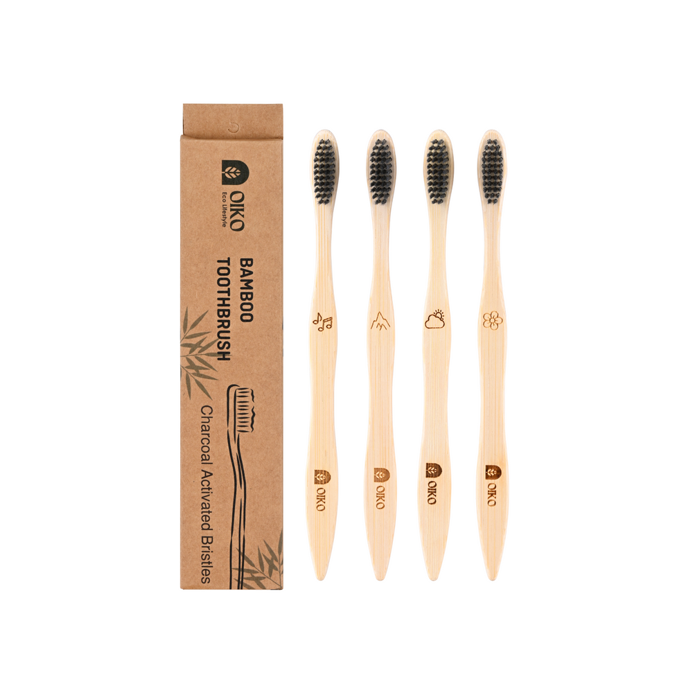 OIKO Bamboo Toothbrush with charcoal Bristles Adults pack of 4