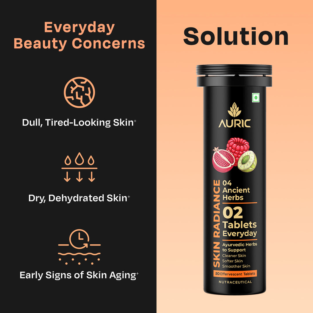 Auric Skin Radiance for Glow Skin Naturally Drinks 20 Tablets with Biotin, Amla, Pomegranate & Grape Seed Extract | Mixed Berries Flavour