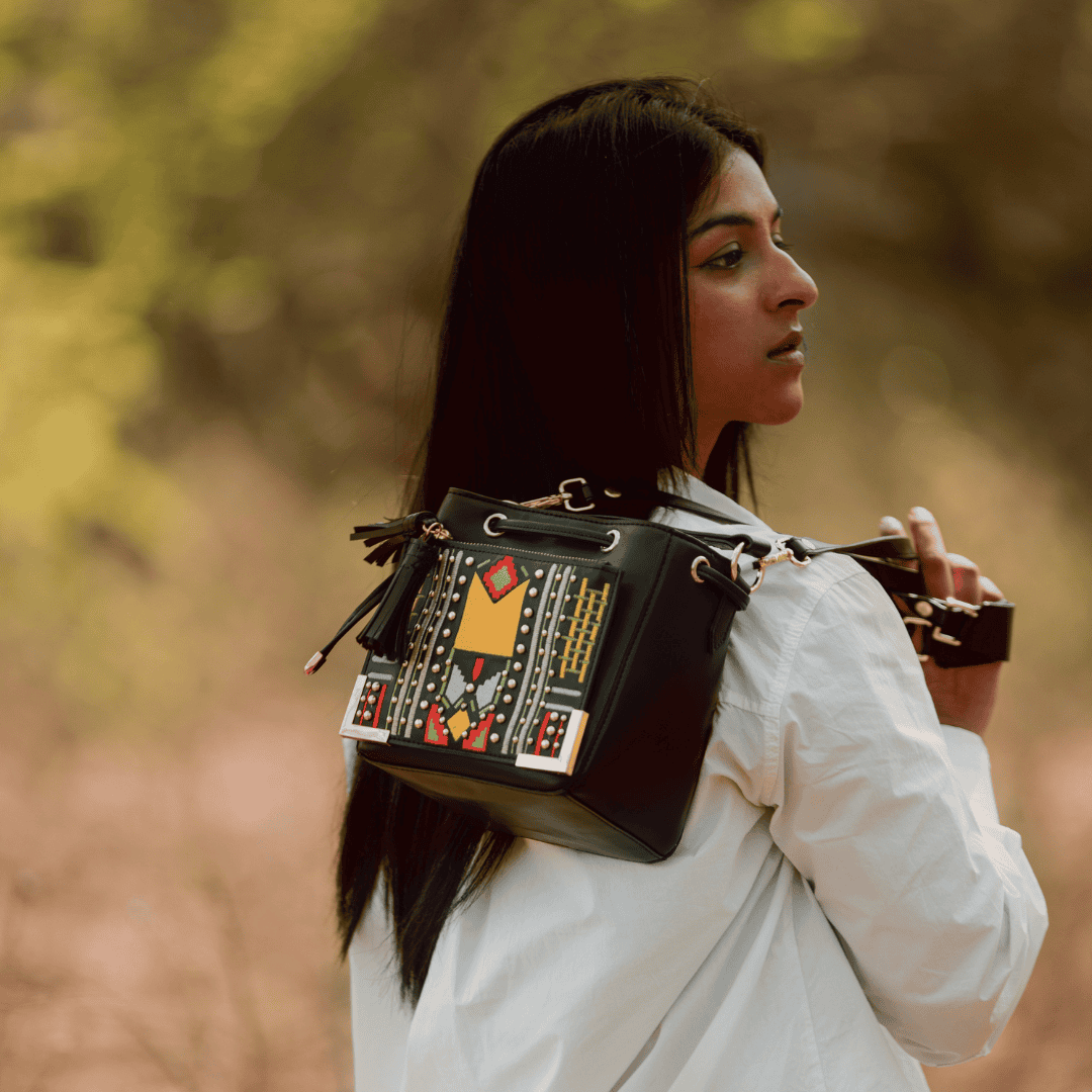 Green Hermitage Nora Vegan Leather Embroidered Sling Bag - Black