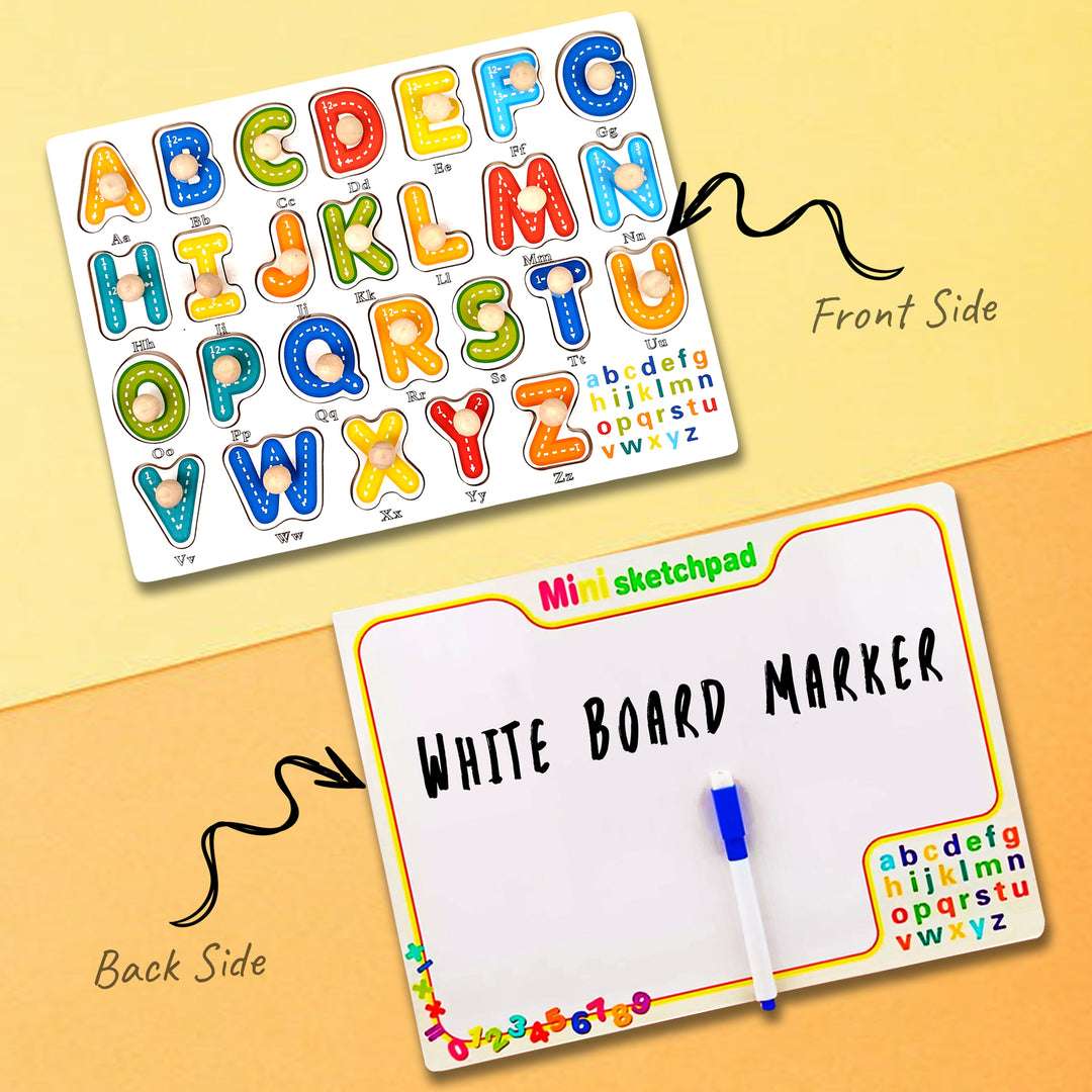 Wudly Toys Wooden Knob & Marker Puzzle Board | Alphabet, Numbers, Animals & Fruits