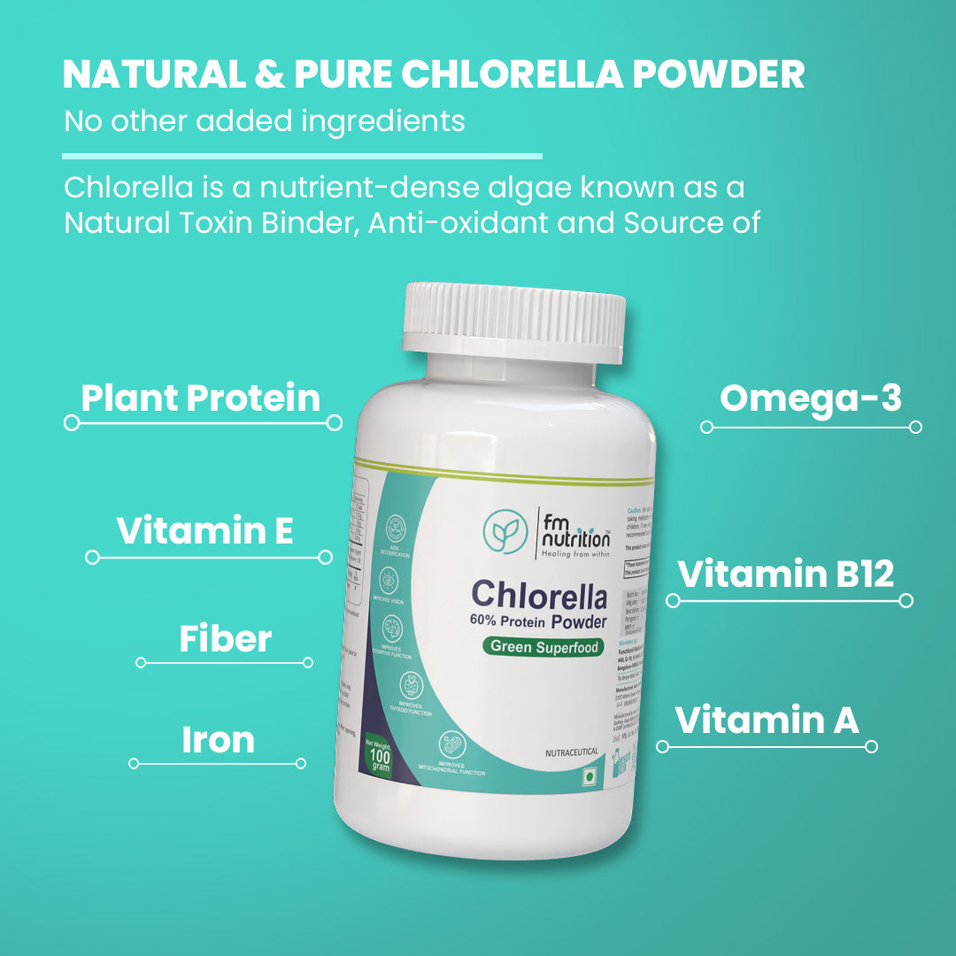FM Nutrition Chlorella I Natural Binder I Plant protein I Heavy Metal Detox I Rich in Omega 3 I Mitochondrial Health Booster I Vegan I Non-GMO I 100gm powder 