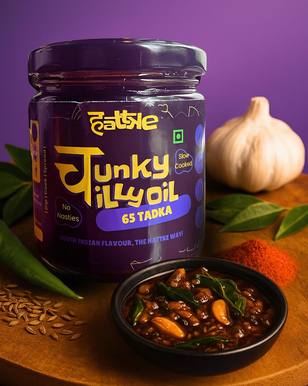 HATTKE Chunky Chilli Oil, 65 Tadka Flavour, South Indian Style Cooking & Drizzling Oil with Curry Leaves and Garlic, All Natural, No Preservatives, Natural & Fresh Ingredients - 175g
