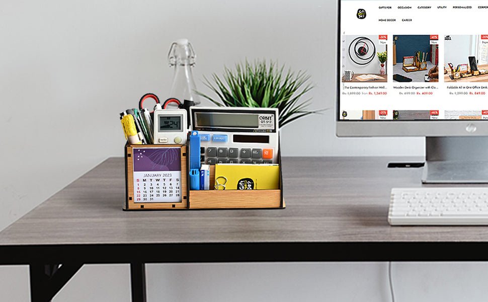 Gift Kya De 3 Compartment Desk Organizer With 2025 Calendar | Desk Calendar | Desk Accessories