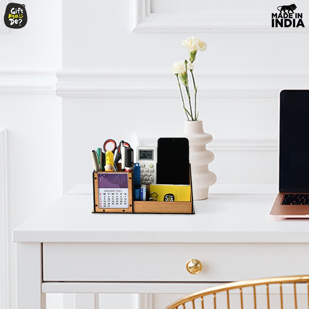 Gift Kya De 3 Compartment Desk Organizer With 2025 Calendar | Desk Calendar | Desk Accessories