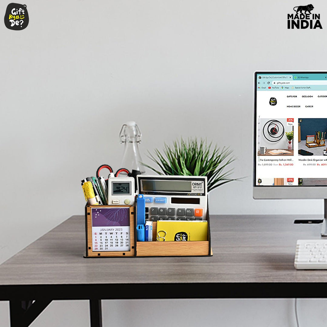 Gift Kya De 3 Compartment Desk Organizer With 2025 Calendar | Desk Calendar | Desk Accessories
