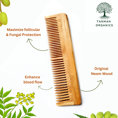 Tanman Organics Pure Kacchi Neem Wood Comb Regular Double Teeth