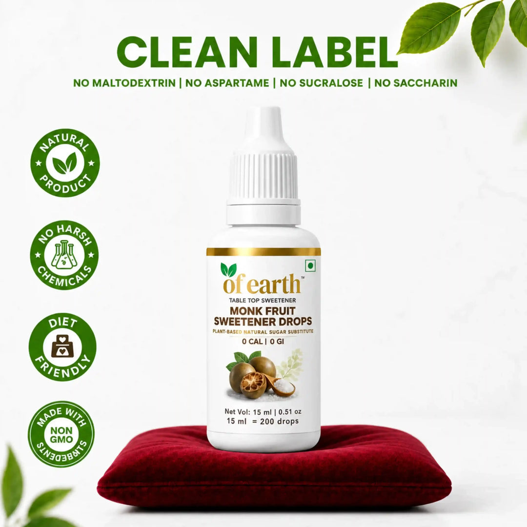 Of Earth Monk Fruit Sweetener | Pure Extract- No Erythritol, No Allulose | Zero- Glycemic Index Sugar Substitute | 1:1 Sugar Replacer for Tea, Coffee, Drinks | Plant-Based | Keto, Vegan & Diabetic Friendly | 1 drop = 1 spoon sugar | 15 ml