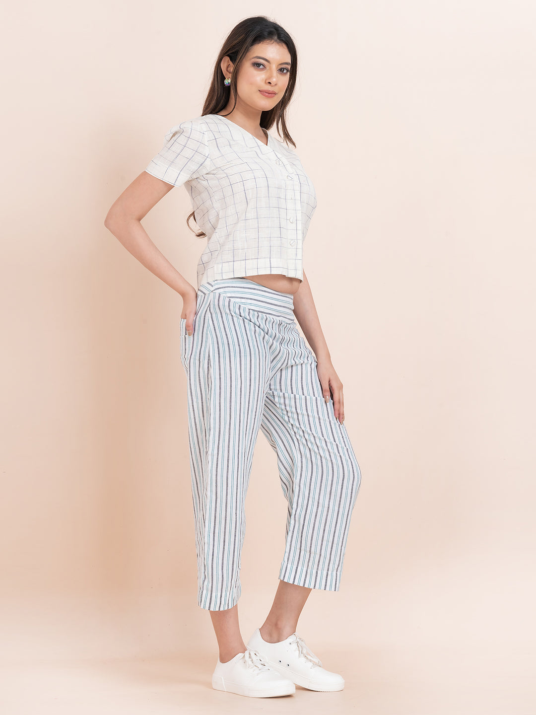OCAU Basic Striped Wide Leg Cropped Pant - White Striped