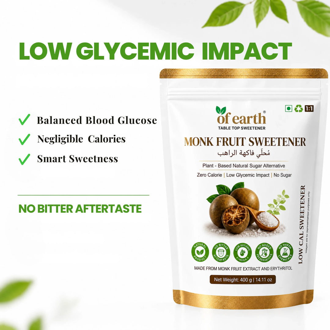 Of Earth Monk Fruit Sweetener With Erythritol | Zero-Glycemic Index, Low Calorie Sugar Substitute | 1:1 Sugar Replacer for Tea, Coffee, Drinks, Cooking & Baking | Plant-Based Monk Fruit Sweetener | Keto, Vegan & Diabetic Friendly | 400g