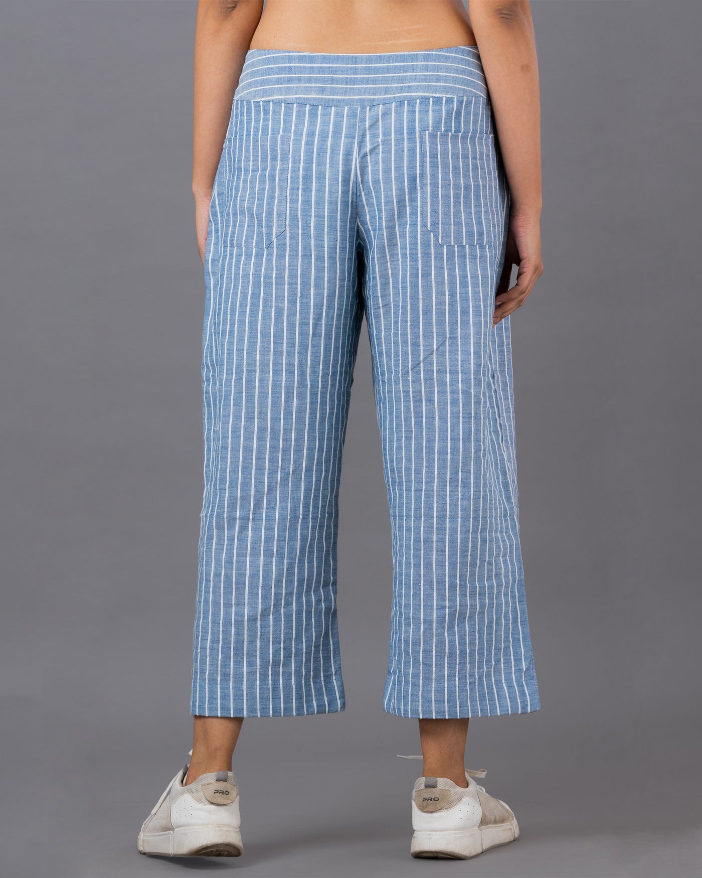 Blue striped wide legged cropped pants
