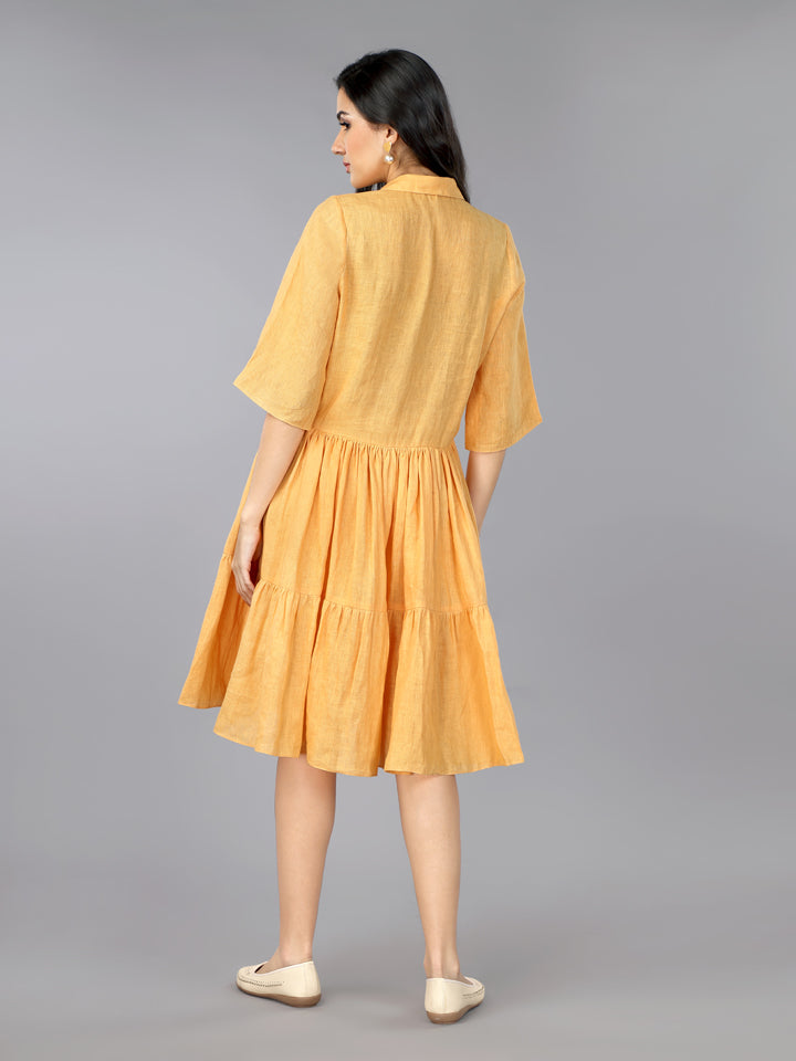 Gothilo Apricot Linen Pleated Flared Dress
