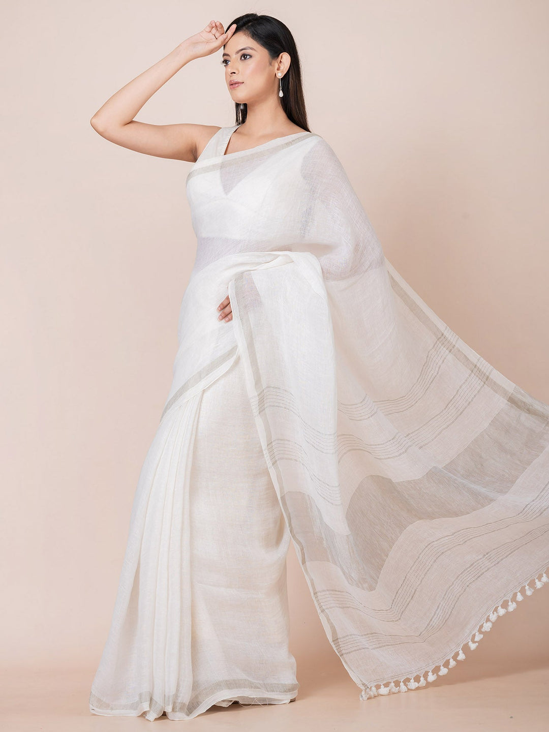 OCAU Ivory Breeze - Pure Linen Solid Saree With Zari Border Without Blouse Piece II White