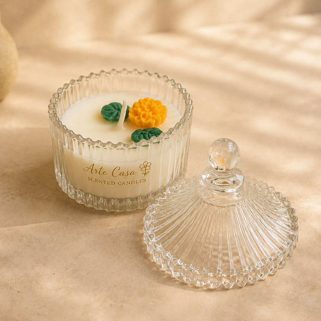 Meadow Duo Yellow & Green Glass Candle Set | Mini Genda Flower Scented Candles