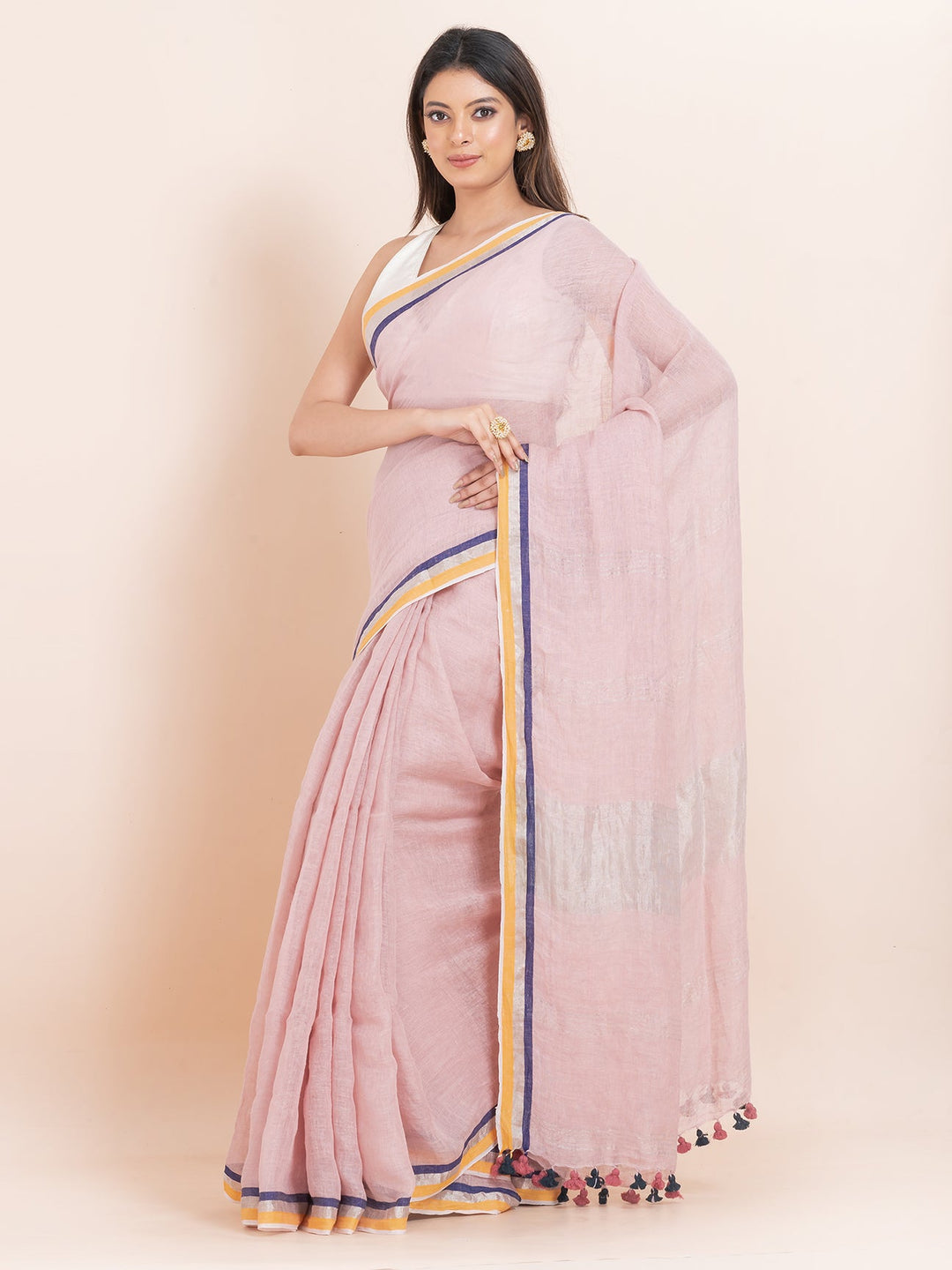 OCAU Rosy Bliss - Pure Linen Solid Saree With Contrast Border Without Blouse Piece l Rose Pink