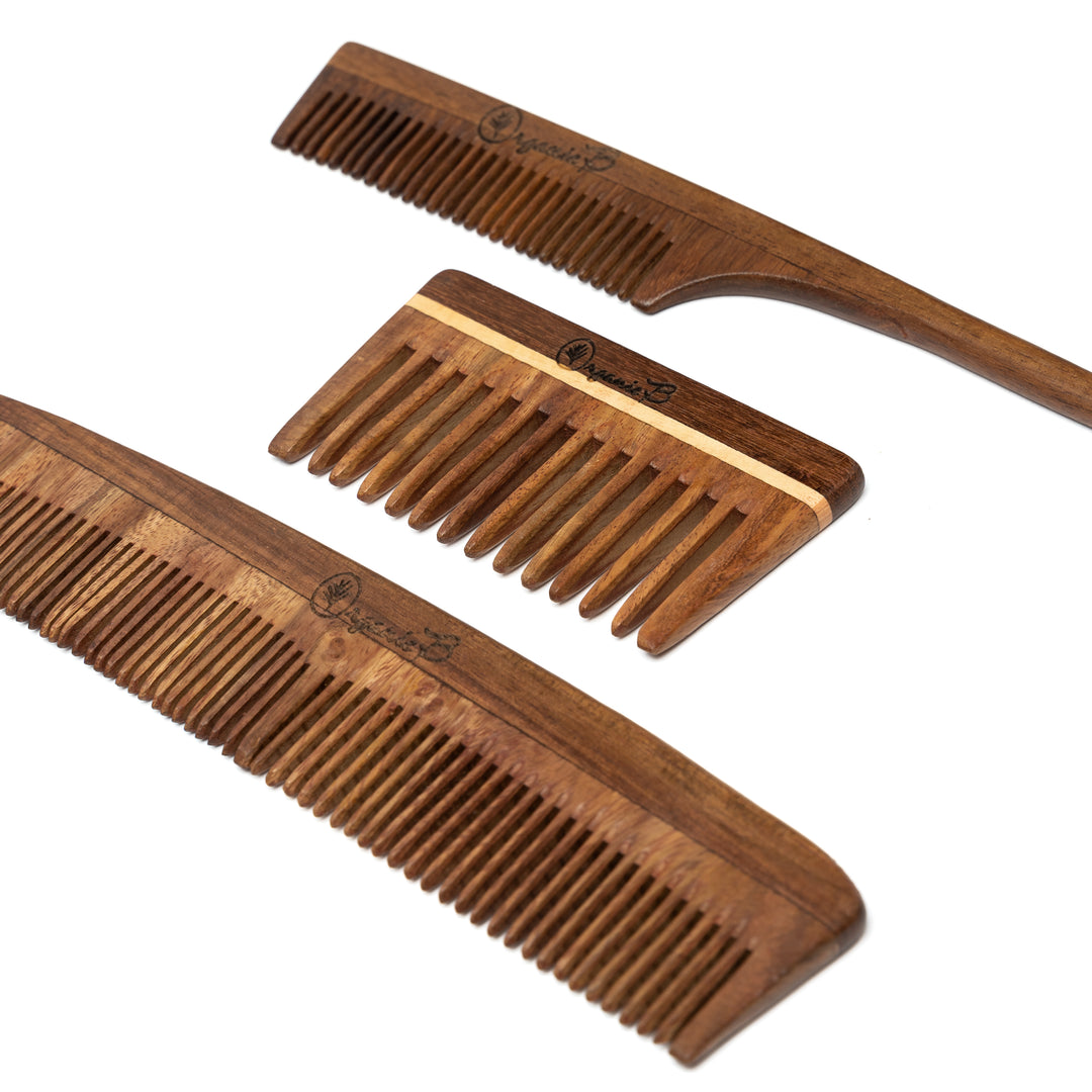 Organic B Indian Rosewood Comb Set |3 Pcs |Dual + Tail + Wide Teeth