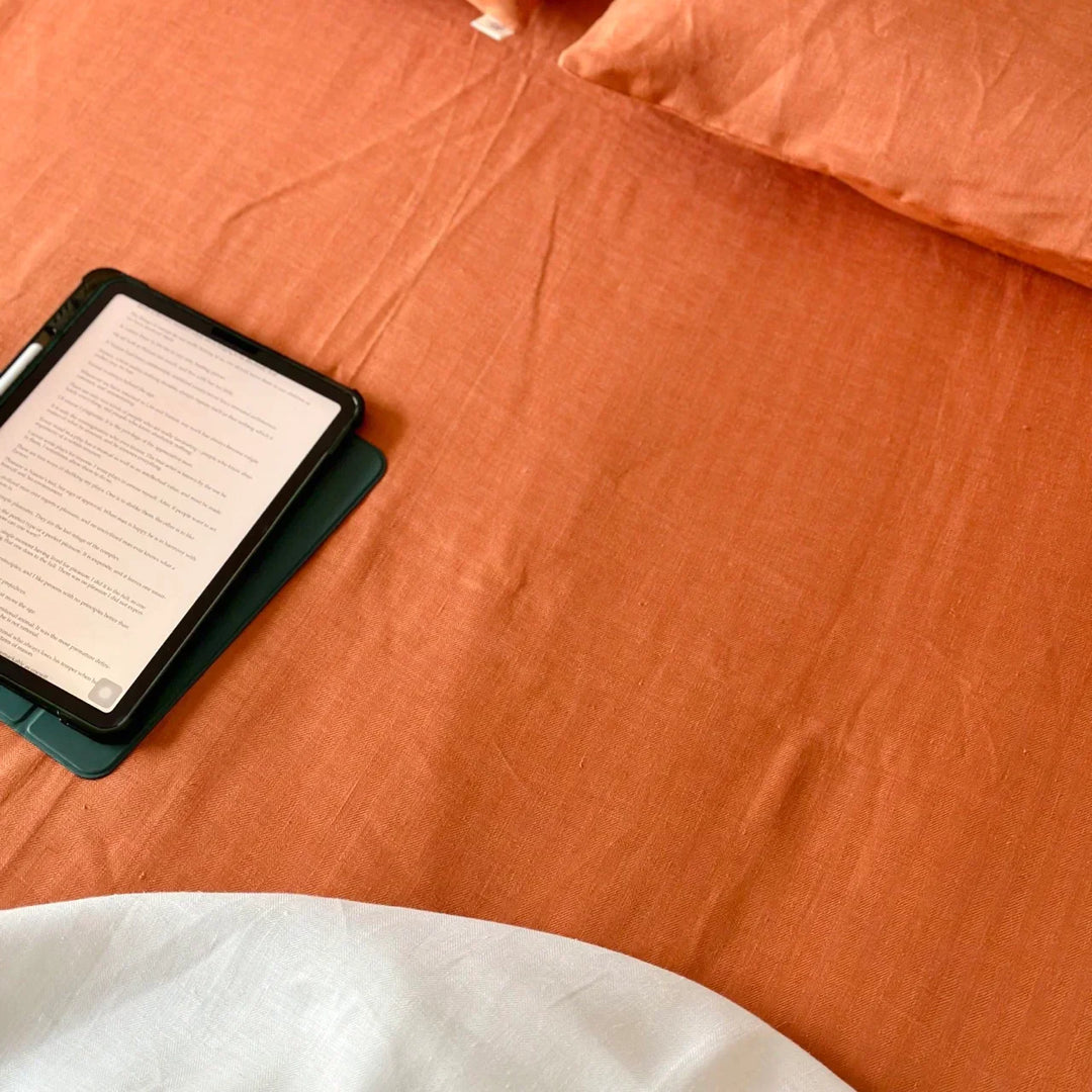 Pravaah Rust Orange Hemp Bedsheet Set | Herringbone Weave - Sawera