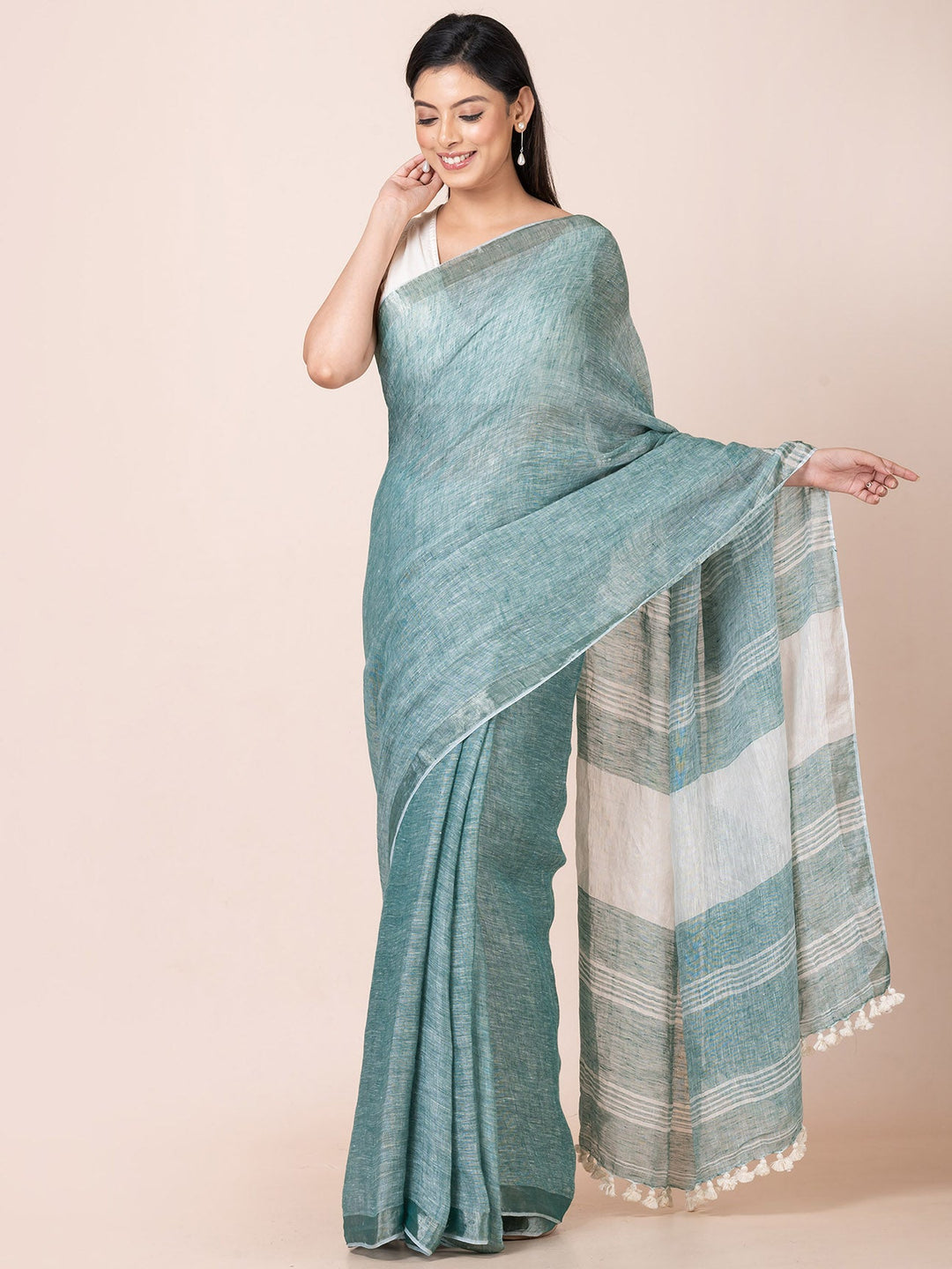 OCAU Ocean Mist - Pure Linen Solid Saree With Zari Border Without Blouse Piece l Teal