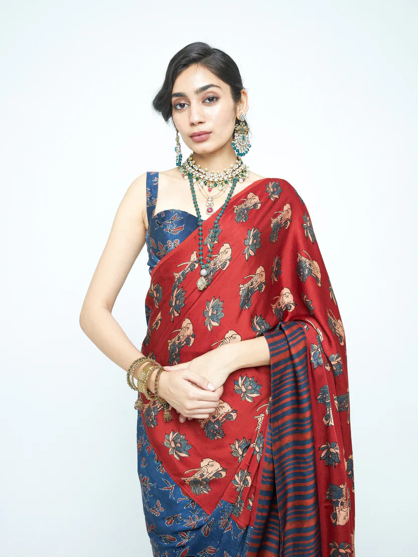 Anushé Pirani Eden Saree | Ajrakh Print Modal | Indigo & Terracotta, Pre-Stitched Option