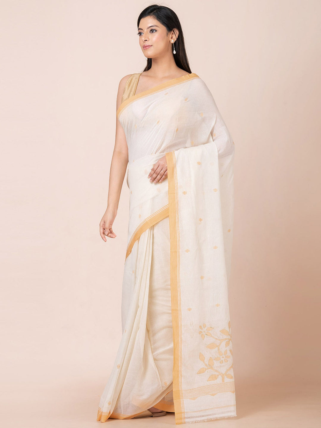 OCAU Vanilla Charm - Pure Cotton Saree With Jamdani Motifs Without Blouse Piece l Off - white