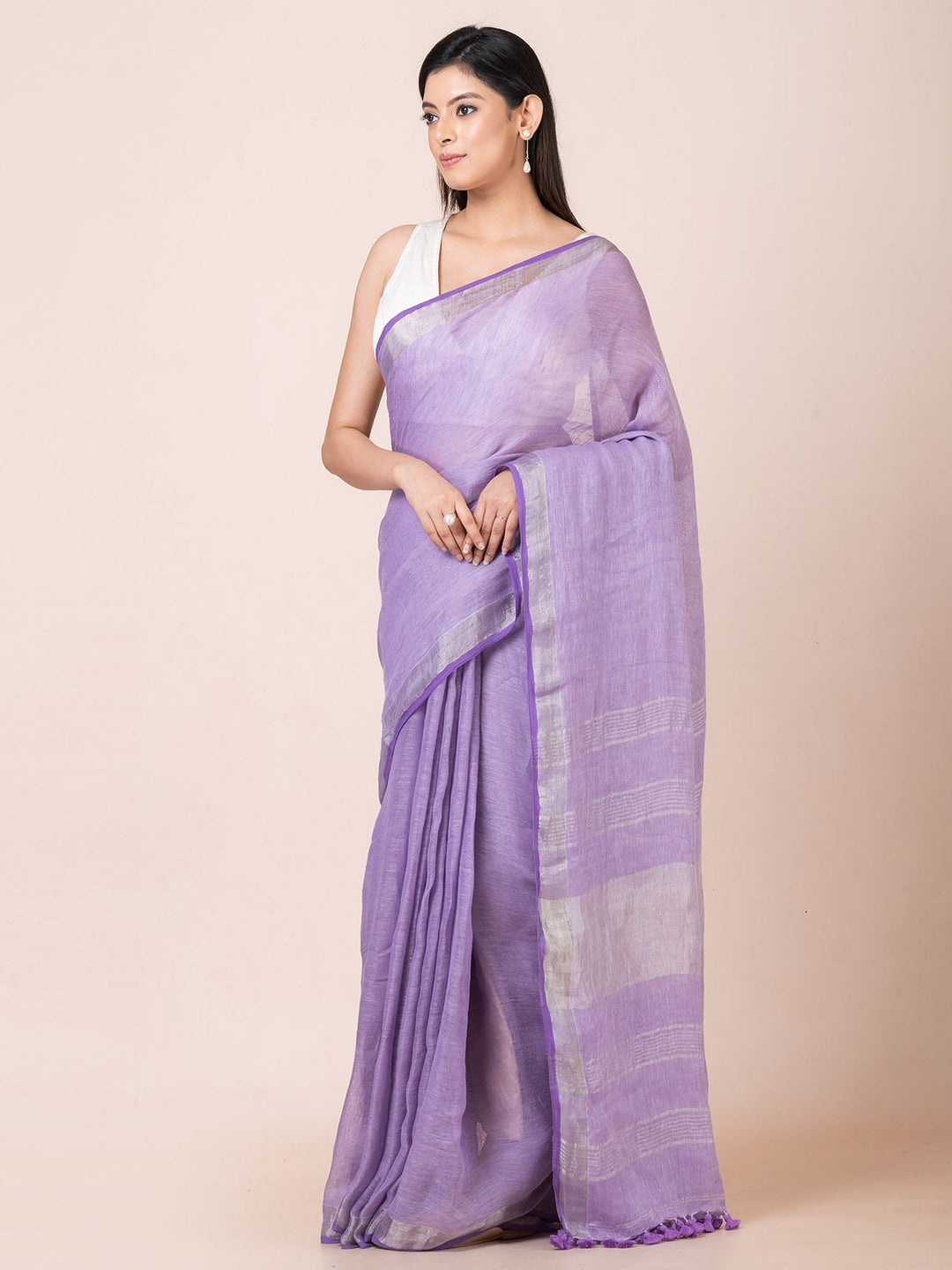 OCAU Blue Oasis - Pure Linen Solid Saree With Zari Border Without Blouse Piece II Dusty Blue