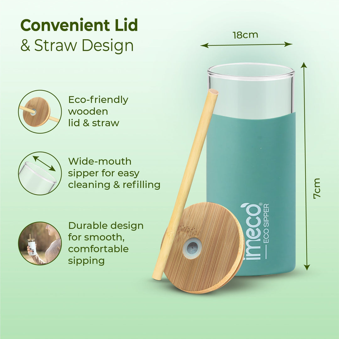 IMECO ECO-SIPPER Glass Sipper Bottle with Stylish Bamboo Lid & Straw - Leak & Sweat Proof 450 ml