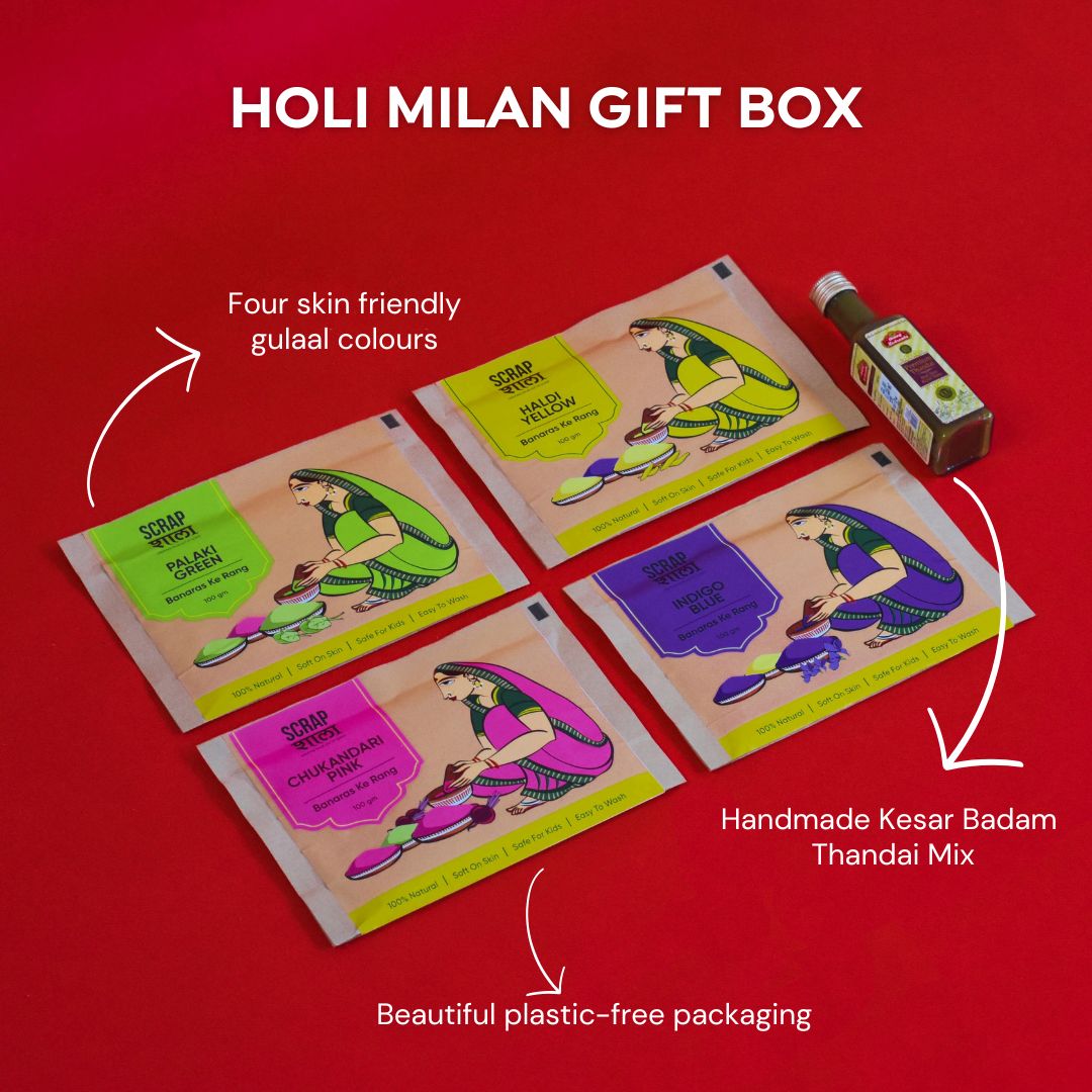 Scrapshala Holi Milan Gift Box | Four Packs of Natural Gulaal | Thandai Mix | Safe for Kids | Handmade in Banaras