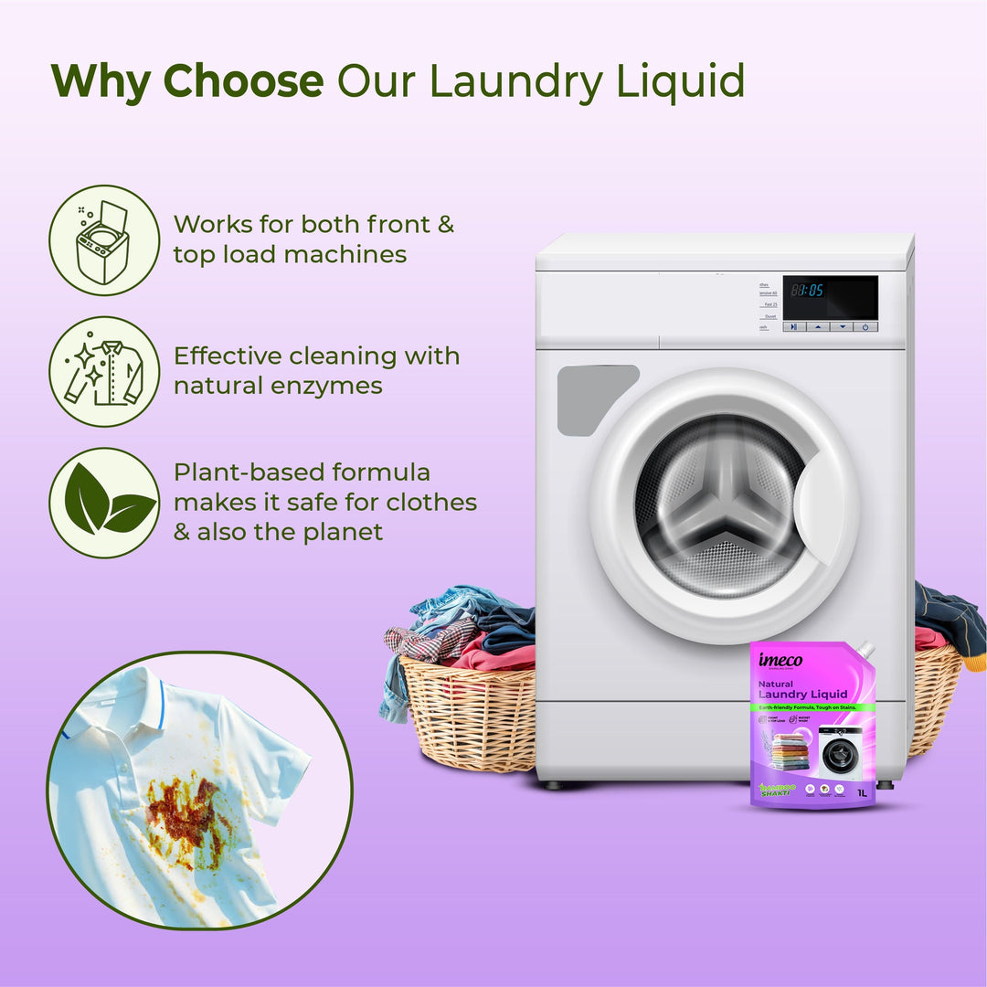 IMECO Bamboo Shakti Natural Detergent Liquid 1 Liter (Pouch) - Coconut & Lavender Fragrance - Designed to Remove Dried Stains