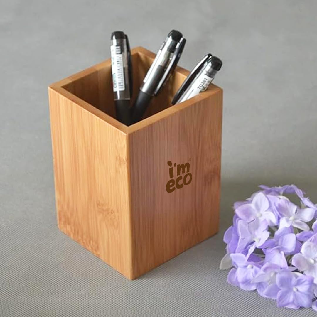 IMECO Bamboo Pen Stand | Wooden Stationery Desk Organizer | Ideal for Home & Office Table | Multipurpose Use