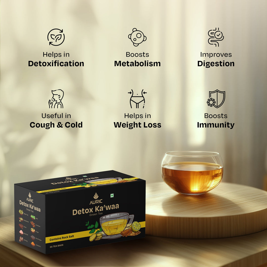 Auric Desi Kahwa Green Tea | 8 Real Ayurvedic Herbs & Rock Salt | 100% Natural, Non-GMO | Immunity Booster | Improves Digestion | Individually Wrapped 36 Tea Bags