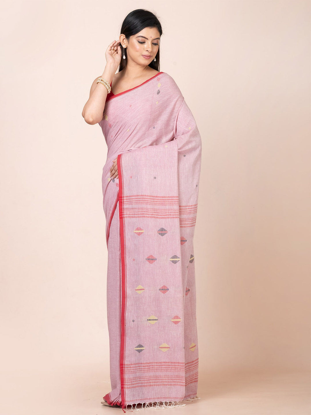 OCAU Gulabi Noor - Pure Cotton Saree With Jamdani Motifs Without Blouse Piece II Dusty Pink