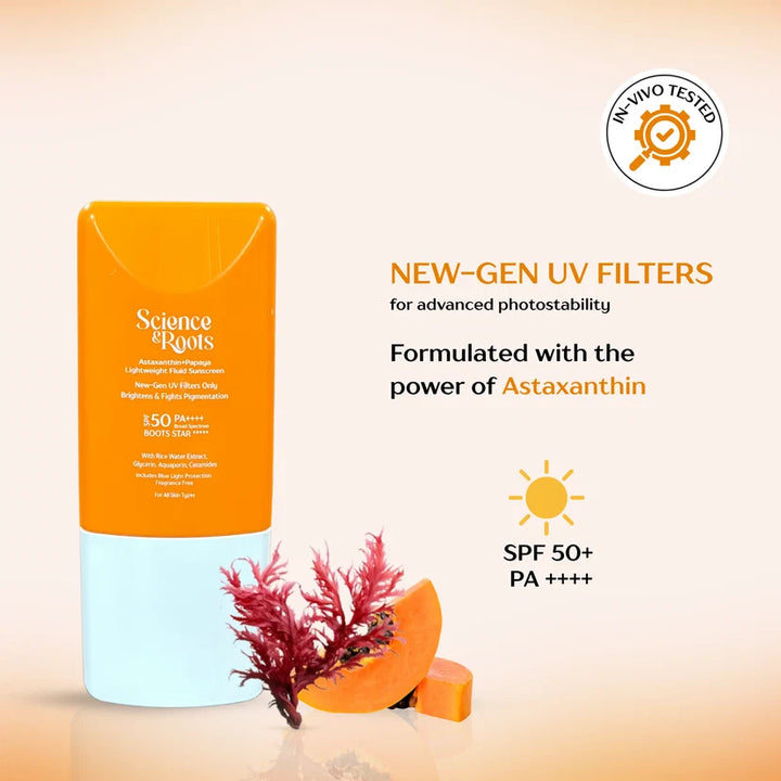 Science & Roots Astaxanthin+Papaya Lightweight Fluid Sunscreen | In-Vivo Tested for SPF 50+ | Lightweight Fluid | Non-greasy | Suitable for sensitive skin | All skin types
