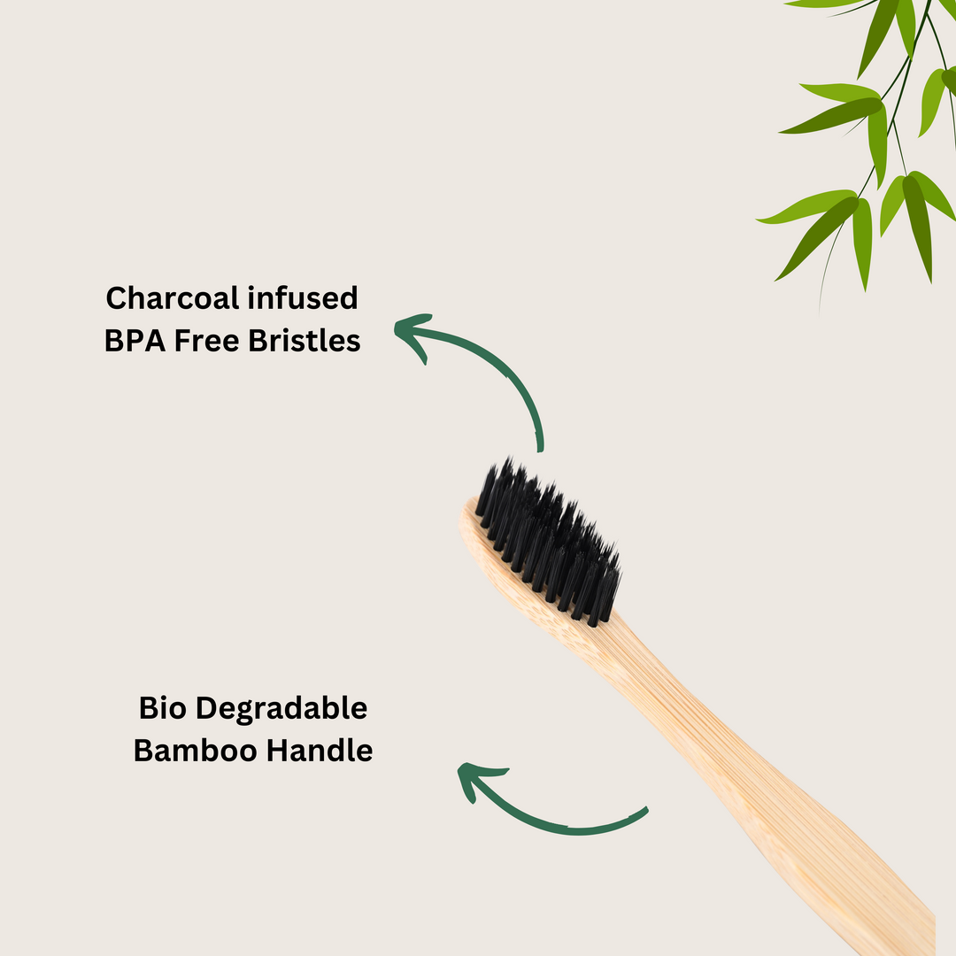 OIKO Bamboo Toothbrush with charcoal Bristles Adults pack of 4