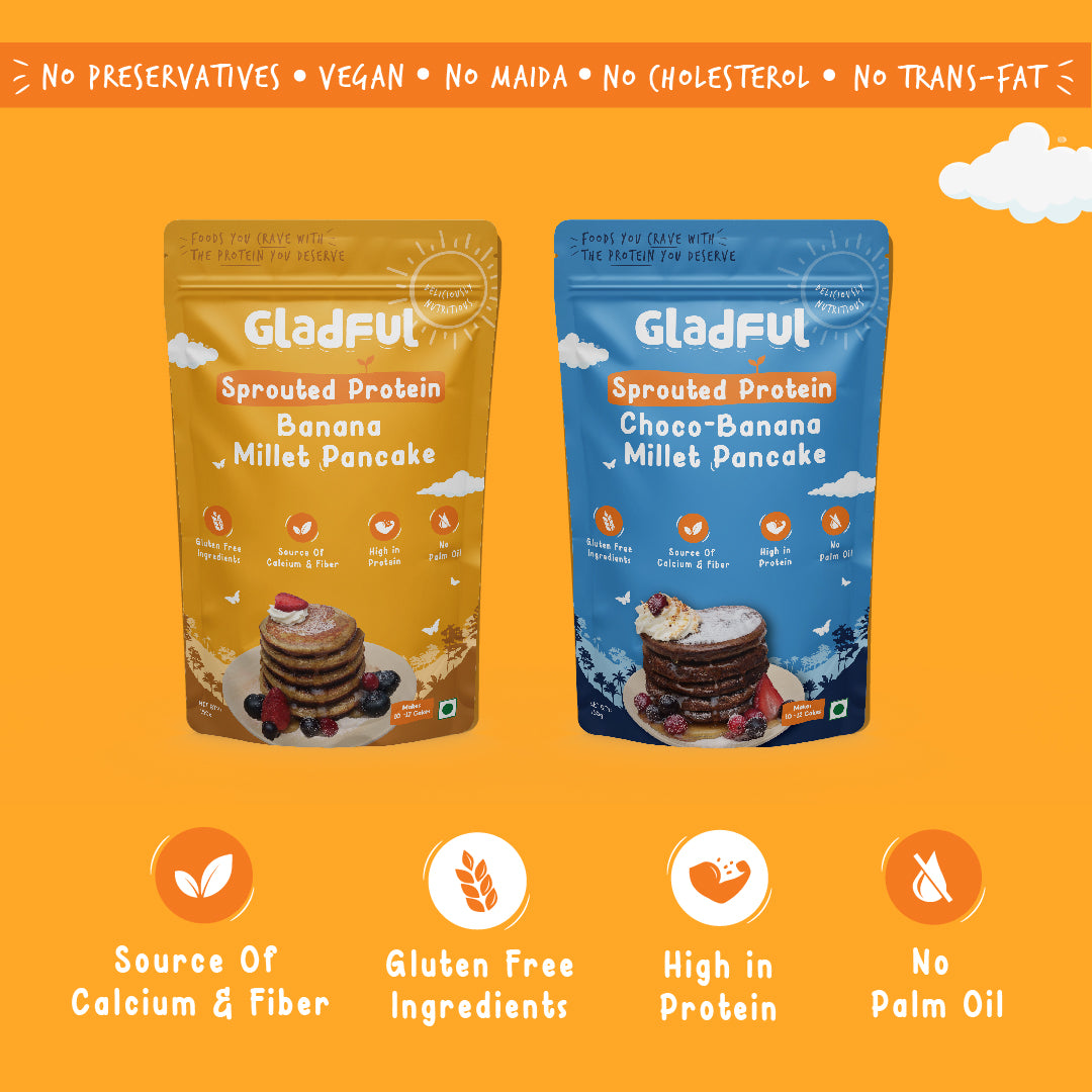 Gladful Sprouted pancake banana & choco banana with millet masoor lobia protein for kids & families - pack of 2 - 300 gms