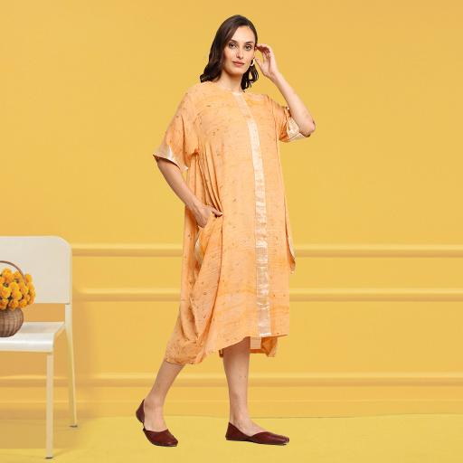 Bageeya "Aamrapali" Handwoven slub cotton Dress | Crafted with Sacred Temple Marigolds, and manjishta| Detailed with Zari border