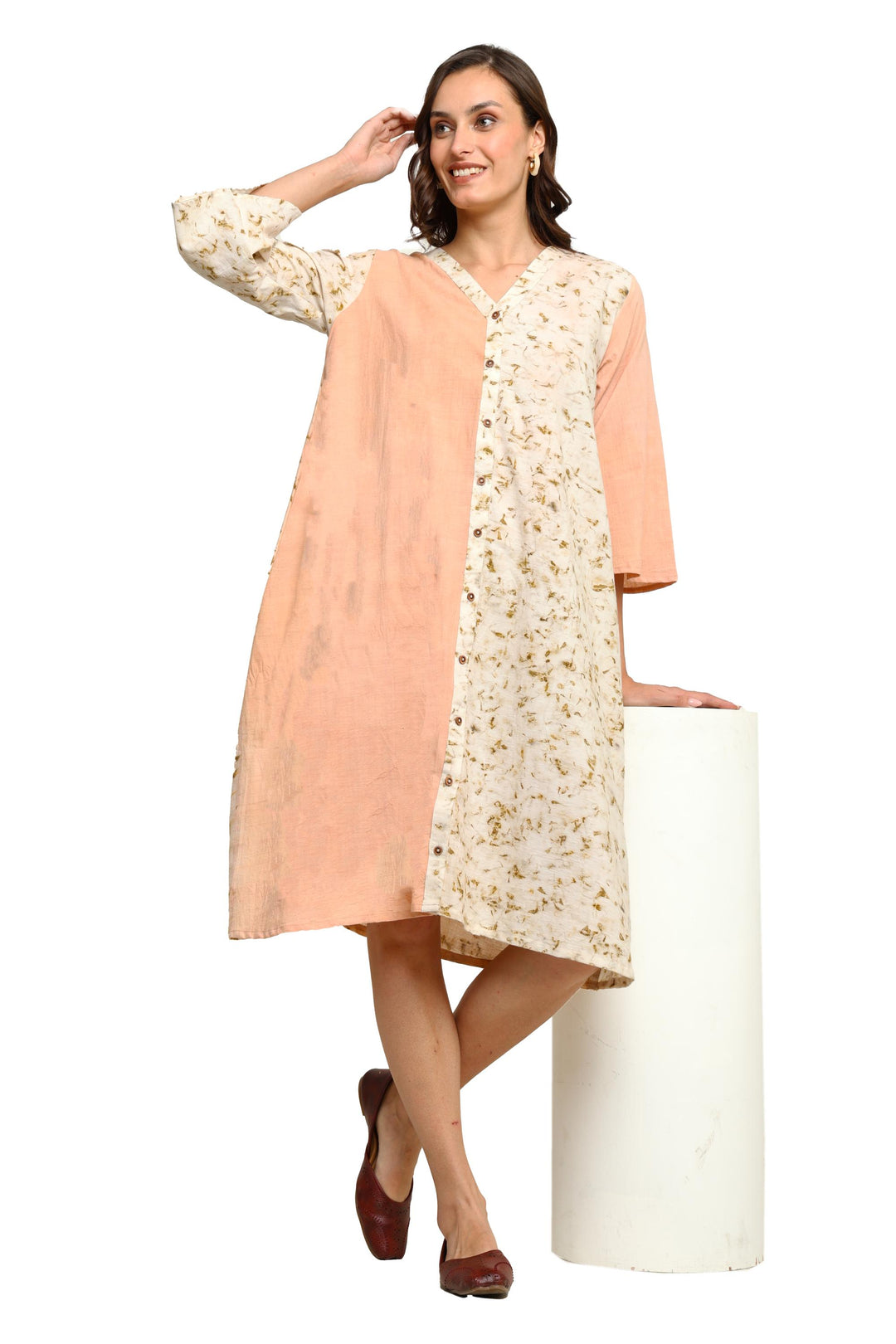 Bageeya "Sunrise Meadow" Natural Dyed Handcrafted Handwoven cotton Button Down dress | Crafted with Sacred temple Marigold and herbs