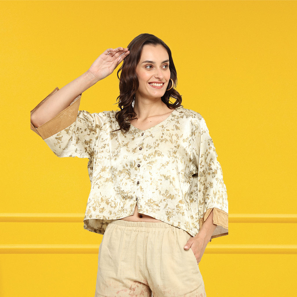 Bageeya “Bageeya Pankhudi ” Natural Dyed Handwoven Mashru Crop Shirt| Crafted with Roses and detailed with Gold Zari cuff