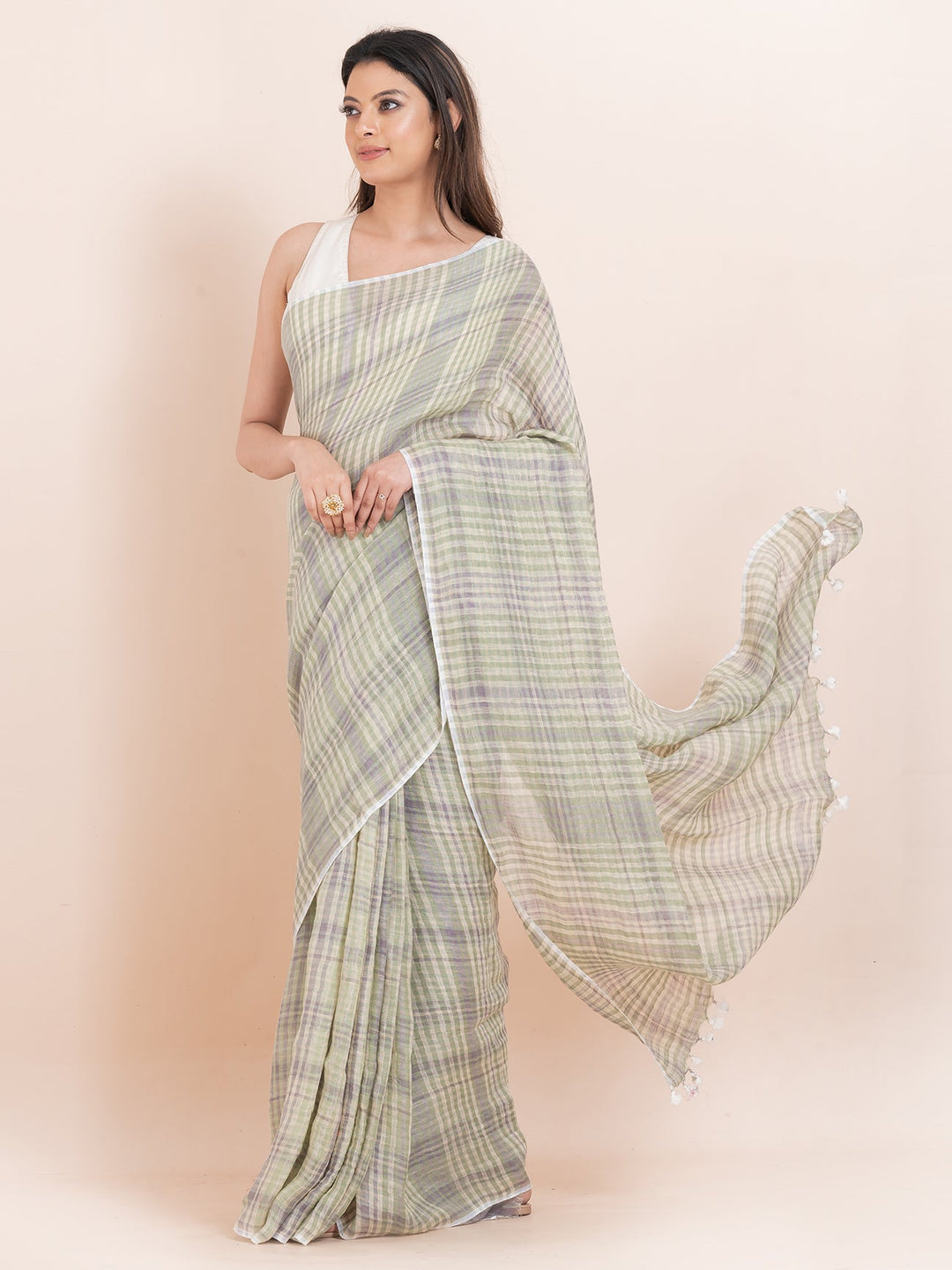OCAU Silver Cascade - Pure Linen Striped Saree With Blouse Piece  l Grey