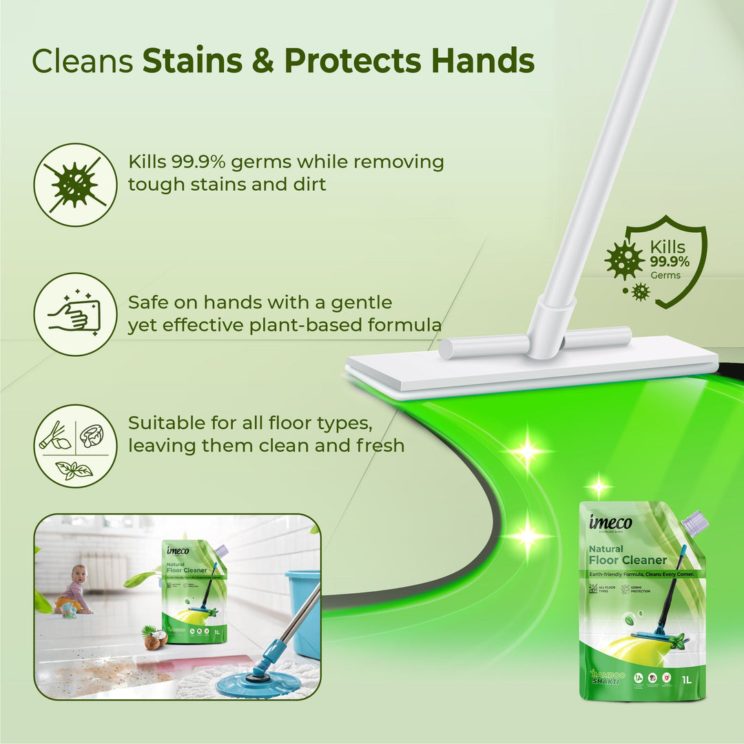 IMECO Bamboo Shakti Floor Cleaner 1L (Pouch) - Lemongrass & Basil Fragrance for All-Purpose Tile, Floor & Wall Cleaner