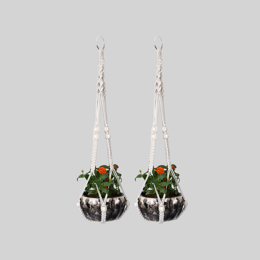 OIKO Macrame Cotton Plant Hanger with Wooden Beads | Stylish Indoor Decor