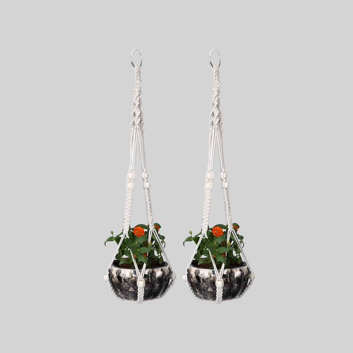 OIKO Macrame Cotton Plant Hanger with Wooden Beads | Stylish Indoor Decor