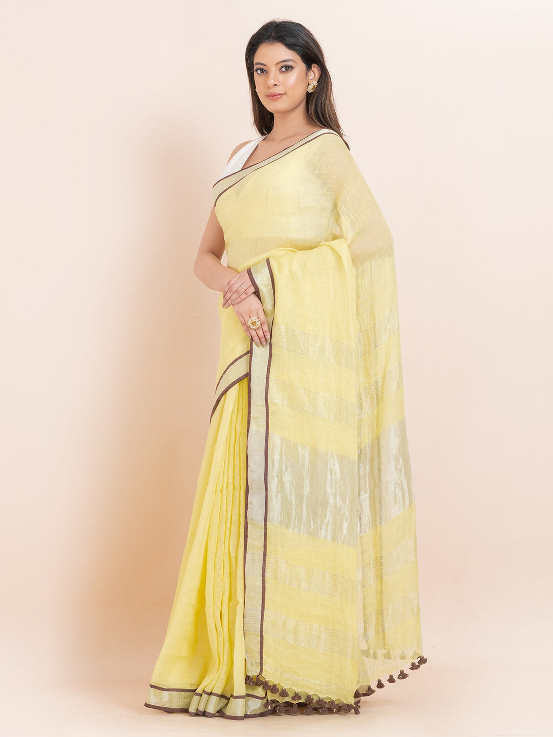 OCAU Saffron Kiss - Pure Linen Solid Saree With Contrast Border Without Blouse Piece l Golden Ochre