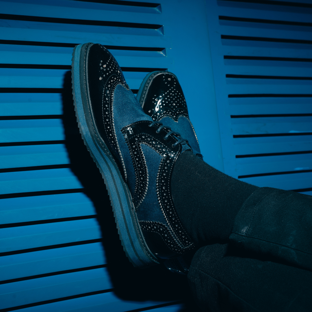 Monkstory Dual Colour Brogues - Glossy Black & Blue
