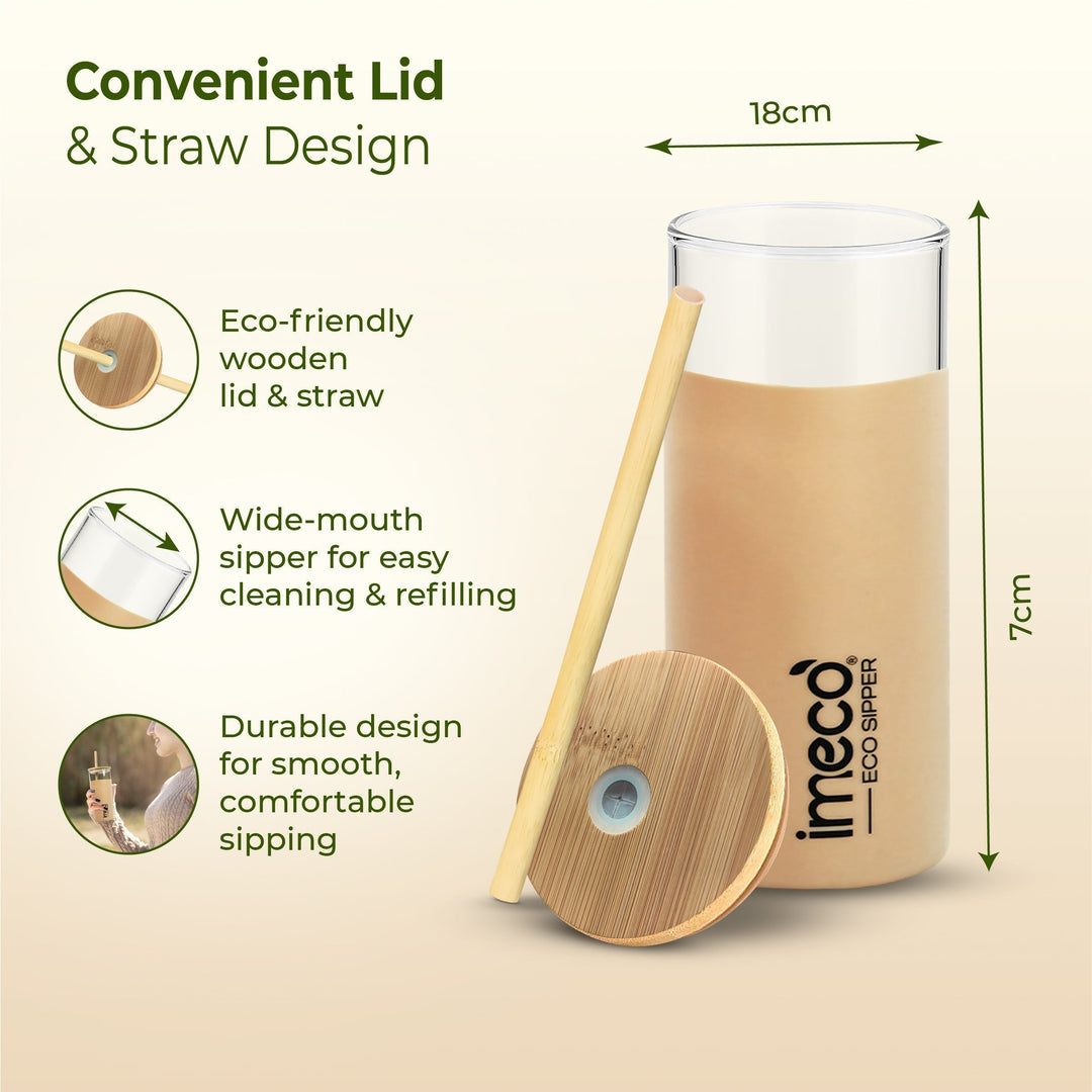 IMECO ECO-SIPPER Glass Sipper Bottle with Stylish Bamboo Lid & Straw - Leak & Sweat Proof 450 ml