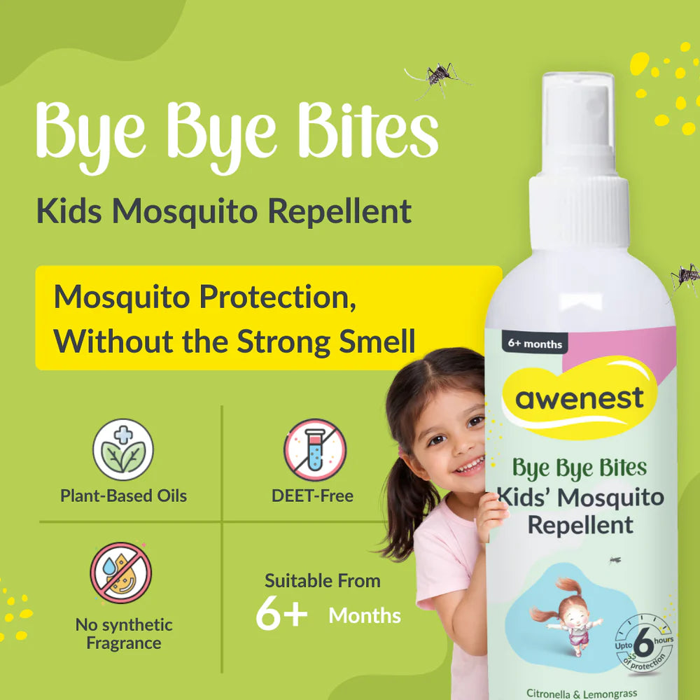 Mosquito Repellent Spray for Kids - awenest Bye Bye Bites | Citronella & Lemongrass Oils, DEET-Free | Safe for Babies 6+ Months | Skin-Friendly, Natural Insect Protection for Indoor & Outdoor Use – 100mlx2