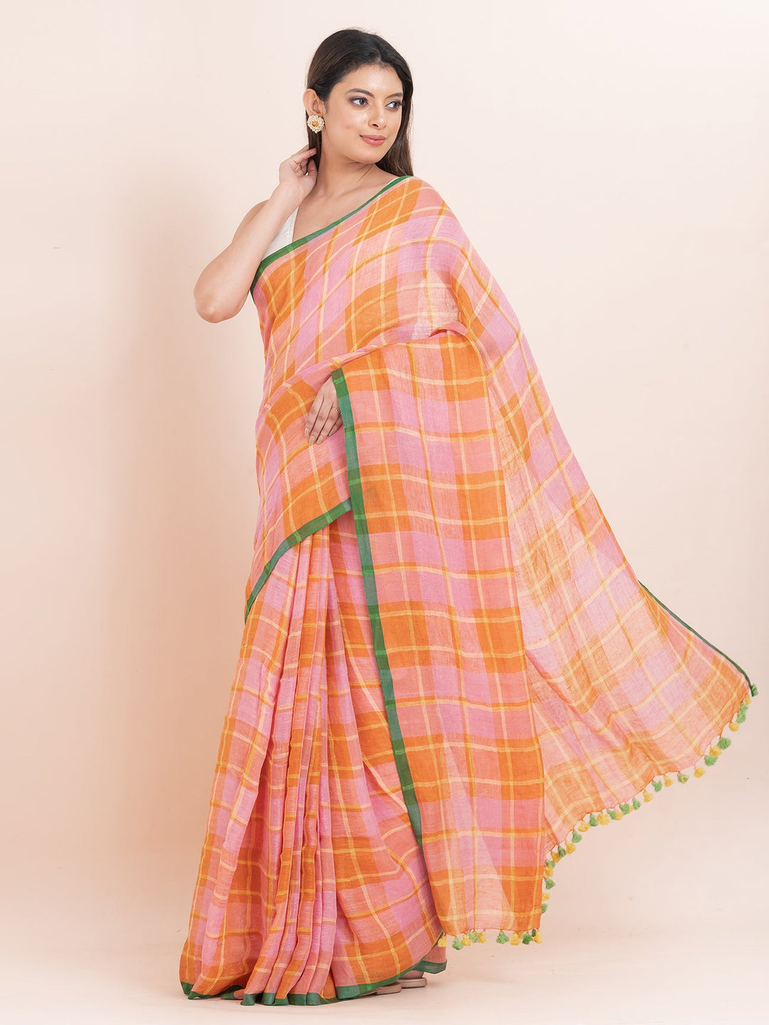 OCAU Citrus Dream - Pure Linen Checkered Saree With Blouse Piece  l Tangerine